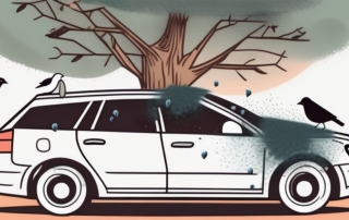 A car parked under a tree with birds sitting on the branches