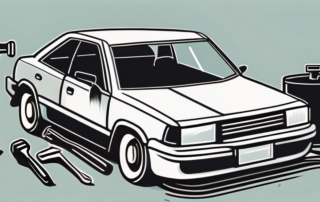 A car with visible dents and a set of repair tools nearby