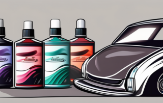Various car polish products next to a weathered car paint surface on one side