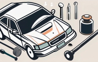 A car with a visible dent and a set of repair tools nearby