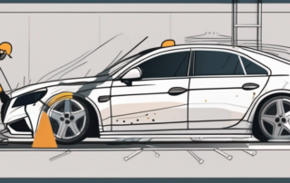A car with minor paint damage being repaired with tools and paint