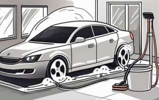 A car being washed at home with various cleaning tools like a bucket