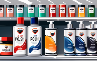 Several types of car polish products lined up on a shelf