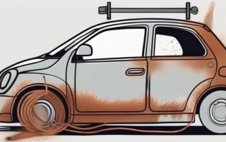 A car door partially covered in rust with various tools like a wire brush