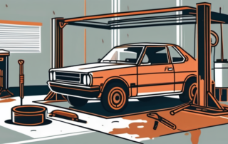 A car raised on a lift with visible rust on the underbody