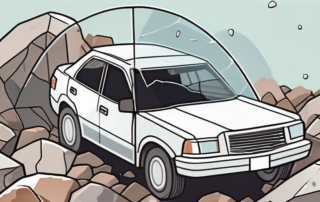 A car with a cracked windshield and falling rocks in the background