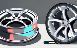 A set of car rims being painted with a spray gun