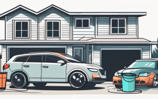 A residential setting with a car parked in the driveway