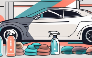 A matte-finished car with a variety of car care products like wax