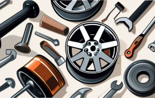 A set of car rims with various repair tools like a wrench