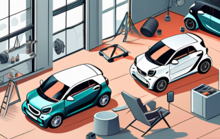A variety of smart car models in a garage setting with various repair tools scattered around
