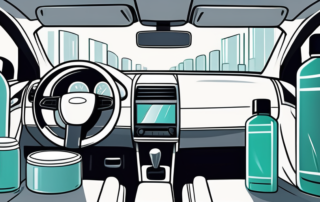 A variety of plastic cleaner bottles placed on a car dashboard
