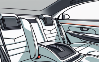 The interior of a dirty car with various cleaning tools like a vacuum cleaner