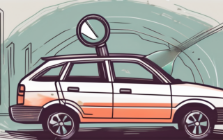 A damaged car with a magnifying glass hovering over it