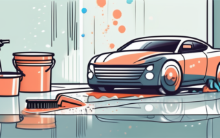 A car being cleaned with various cleaning tools like a bucket