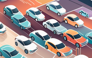 Several cars of different models and colors lined up in front of a variety of car wash shops