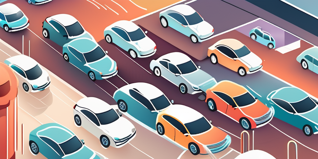 Several cars of different models and colors lined up in front of a variety of car wash shops