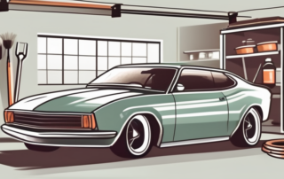 A car in a home garage with various painting tools and equipment nearby