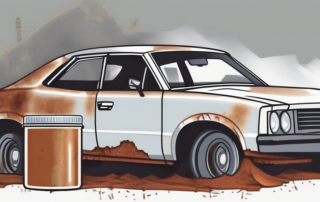 Various rust converter products placed next to a car with a visible rusty underbody