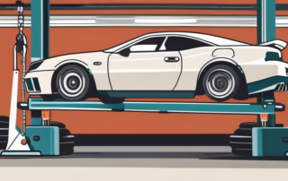 A car being lifted on a hydraulic lift in a garage