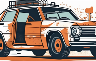 A car door partially covered in rust with tools like a wire brush