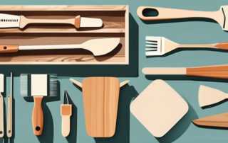 Various types of spatulas and diy tools neatly arranged on a wooden workbench