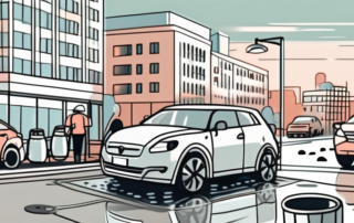 A car being washed with a bucket and sponge on a city street