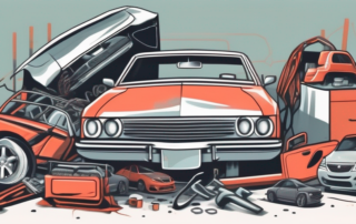 A damaged car with open hood