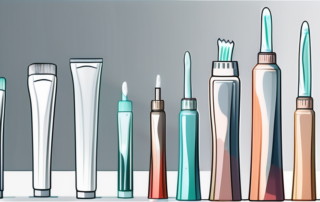 Several types of toothpaste tubes displayed next to a shiny