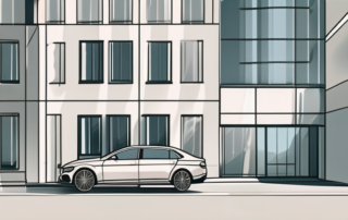 A car with tinted windows parked near a building that resembles a car service center