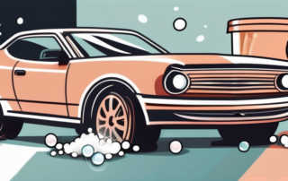 A set of car rims being cleaned with a brush and soap bubbles