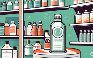 A bottle of isopropanol placed on a shelf with various other disinfectant products