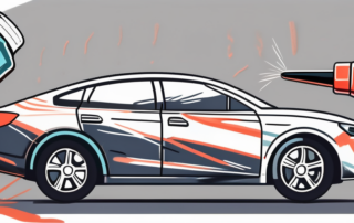A car with visible scratches being treated with a specialized scratch remover tool and a bottle of car paint next to it