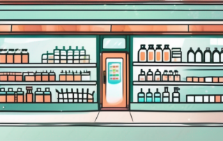 A pharmacy storefront with a display window containing a bottle of isopropanol