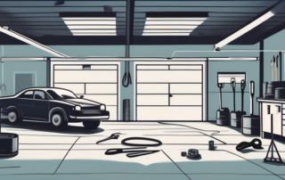 An empty mechanic's garage with tools scattered around and a single