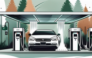 A self-service car wash station with multiple stalls
