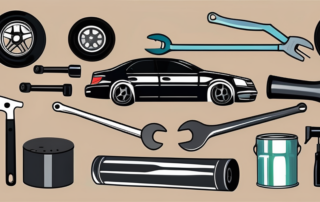 Black car rims with various tools like a wrench and a spray paint can nearby