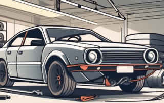 A car in a mechanic's garage with various car parts like engine