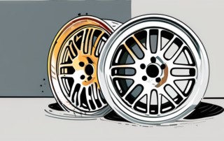 Dirty car rims before cleaning and the same rims sparkling clean after using cleaning tools and solutions