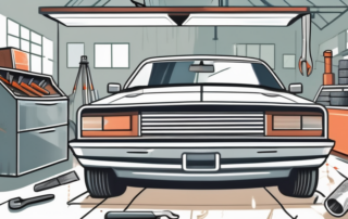 A car in a workshop with an open hood and various tools scattered around