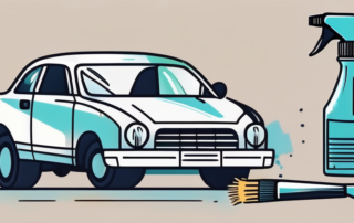 A plastic car headlight with a cleaning brush and a spray bottle of cleaning solution nearby