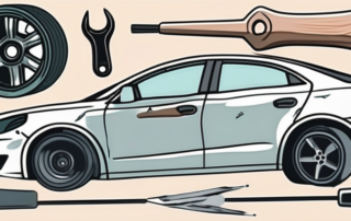A damaged car rim and a set of repair tools