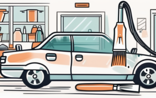 A car being detailed with various cleaning tools such as brushes