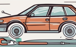 A car with a detached fender on the ground next to it