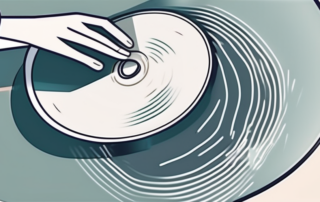 A plastic disc being polished with a cloth and a bottle of polish nearby