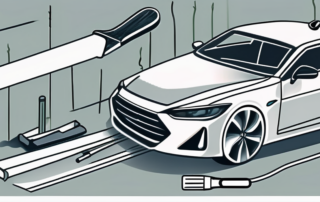 A car with visible dents and a set of professional tools nearby