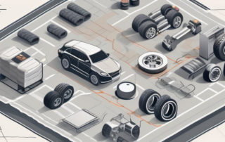 Various vehicle parts like tires