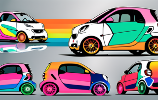 A smart fortwo car with different sections in various stages of being wrapped in colorful vinyl foil
