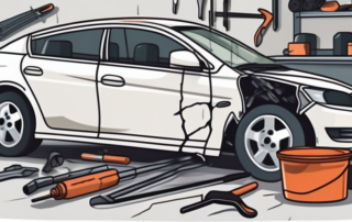 A damaged car in a garage with visible dents and scratches on its body