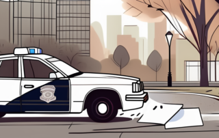 A police car parked next to a damaged car with a note on the windshield